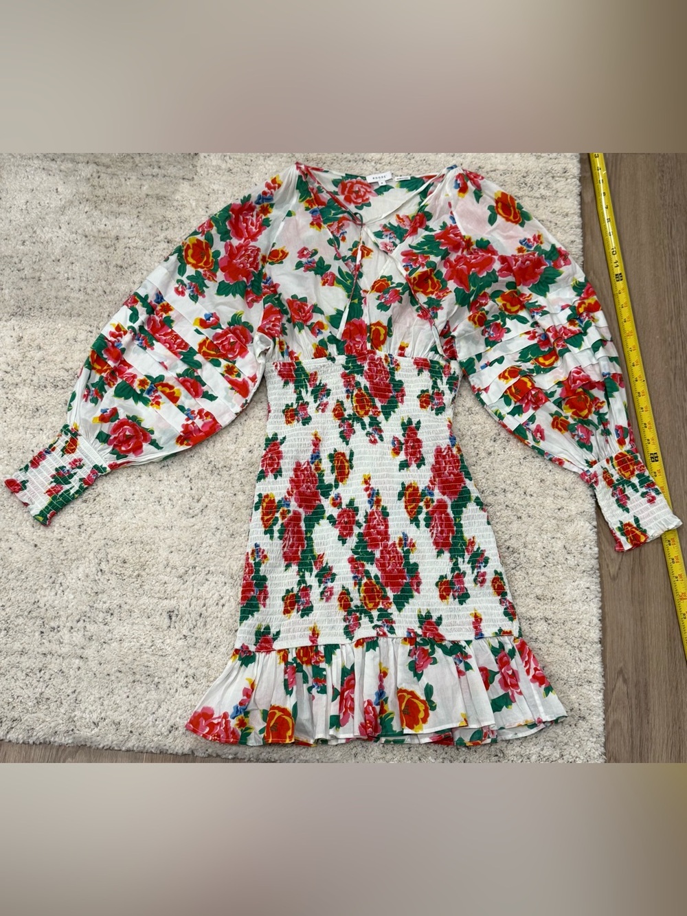 RHODE medium M White Floral Smocked Mini Dress Balloon Sleeve Cotton Ruffle